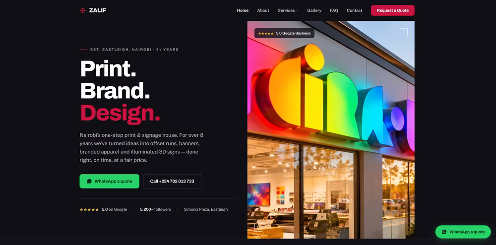 Zalif Print & Signage — Stampa e segnaletica · Nairobi, Kenya, sito realizzato da Getaweb