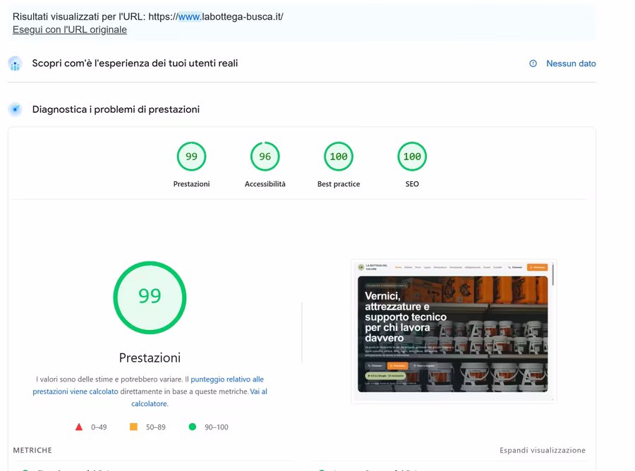 Punteggio PageSpeed de La Bottega del Colore: 99 performance, 100 SEO