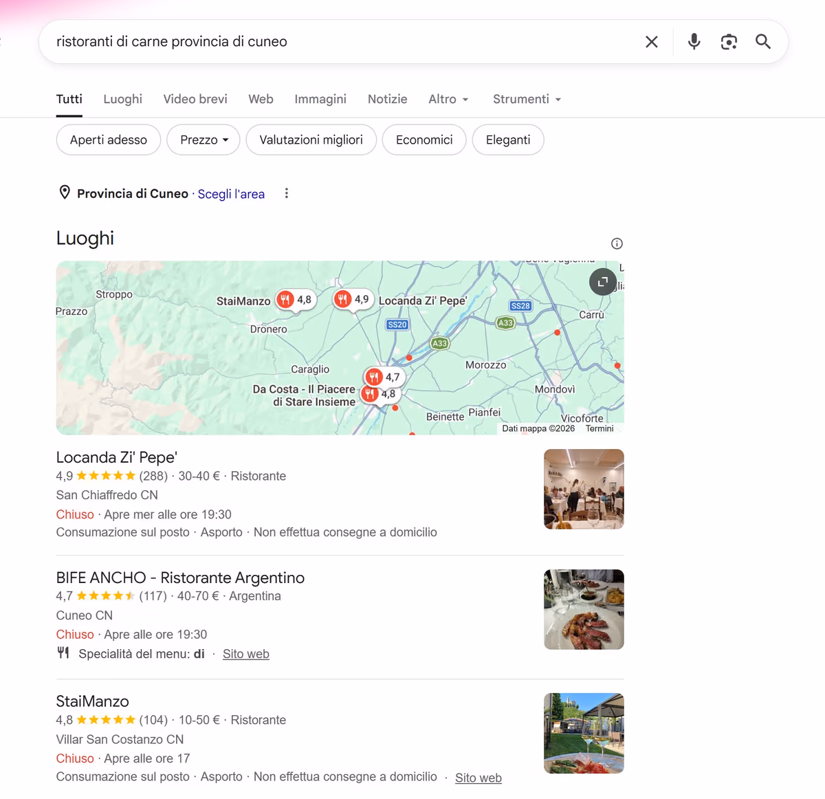 StaiManzo nel local pack di Google per “ristoranti di carne provincia di Cuneo”
