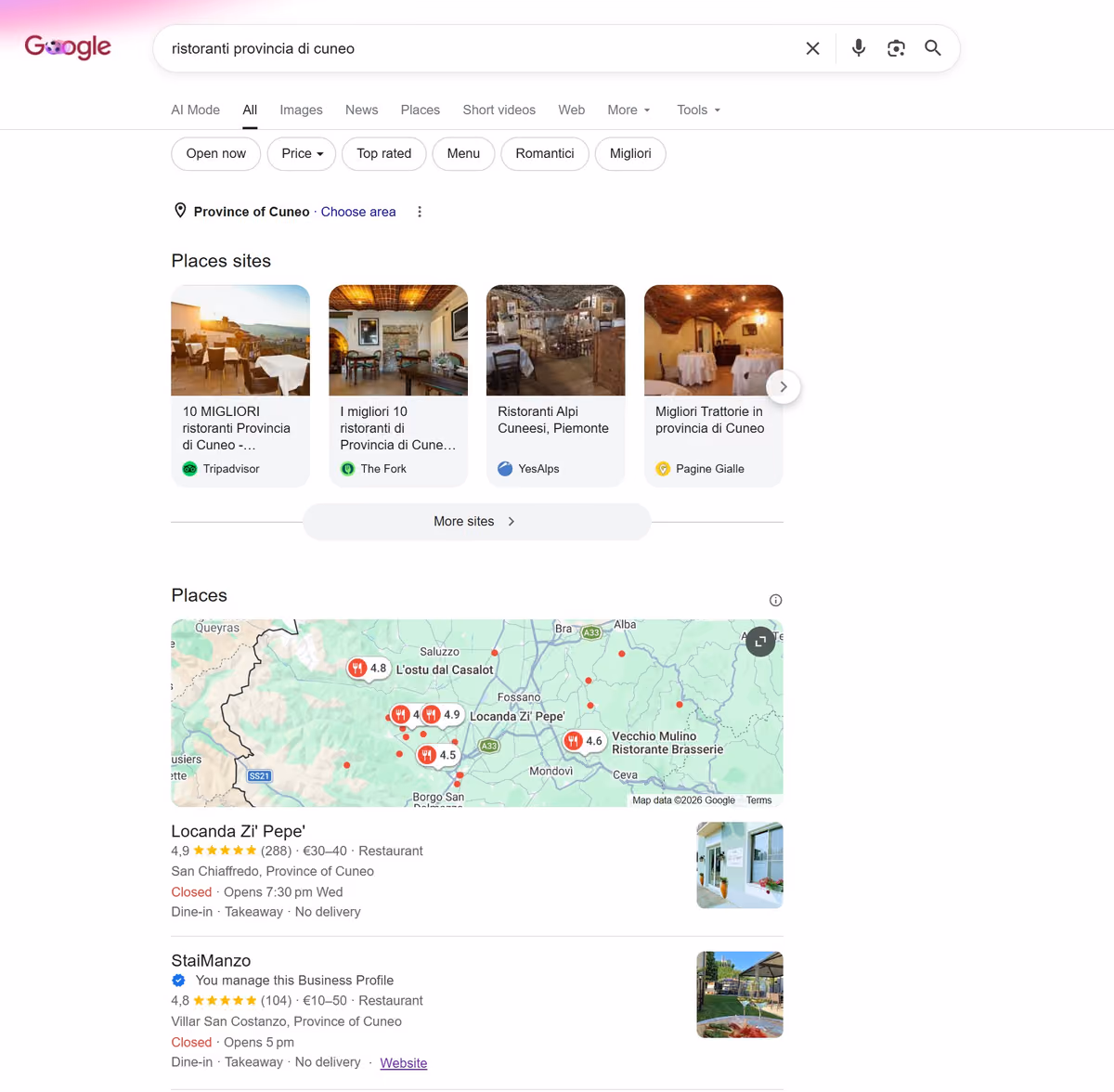 StaiManzo nel local pack di Google per “ristoranti provincia di Cuneo”